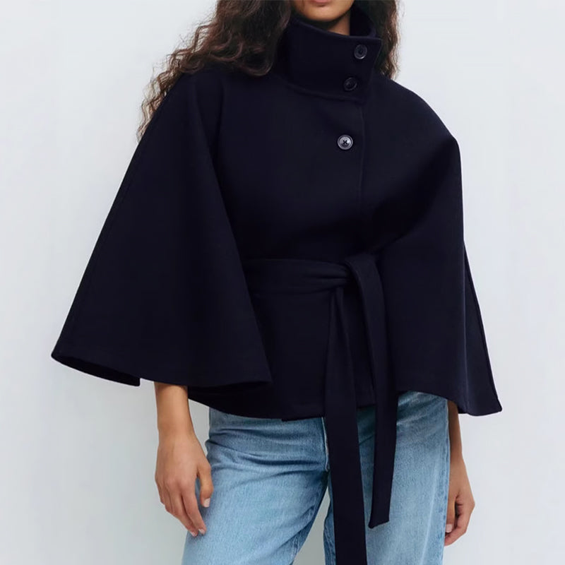 Women__ Belted Cape Coat with Wide Sleeves