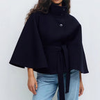 Women__ Belted Cape Coat with Wide Sleeves
