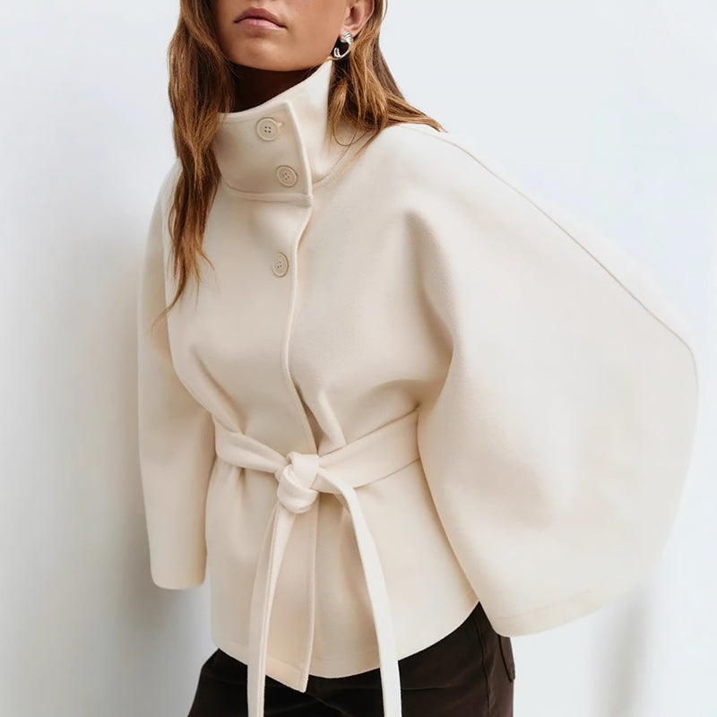 Women__ Belted Cape Coat with Wide Sleeves