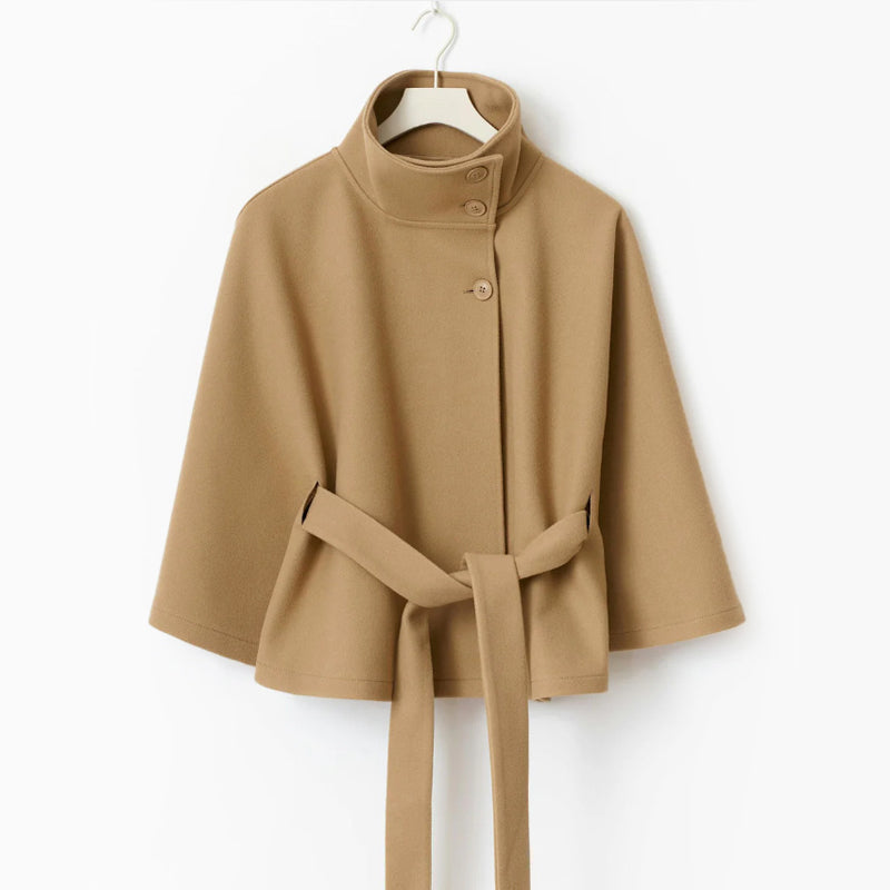 Women__ Belted Cape Coat with Wide Sleeves