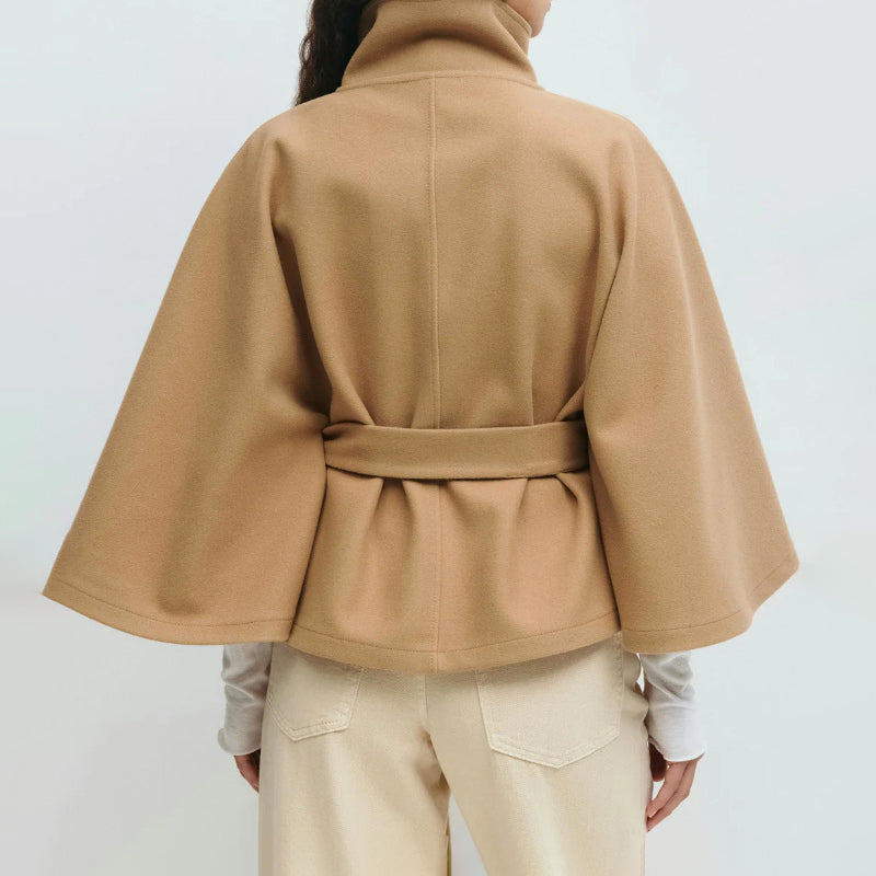 Women__ Belted Cape Coat with Wide Sleeves