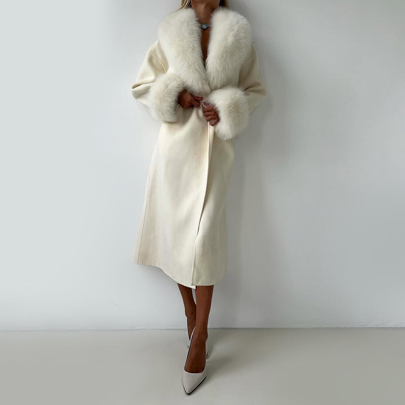 Women__ Belted Long Coat with Faux Fur Trim