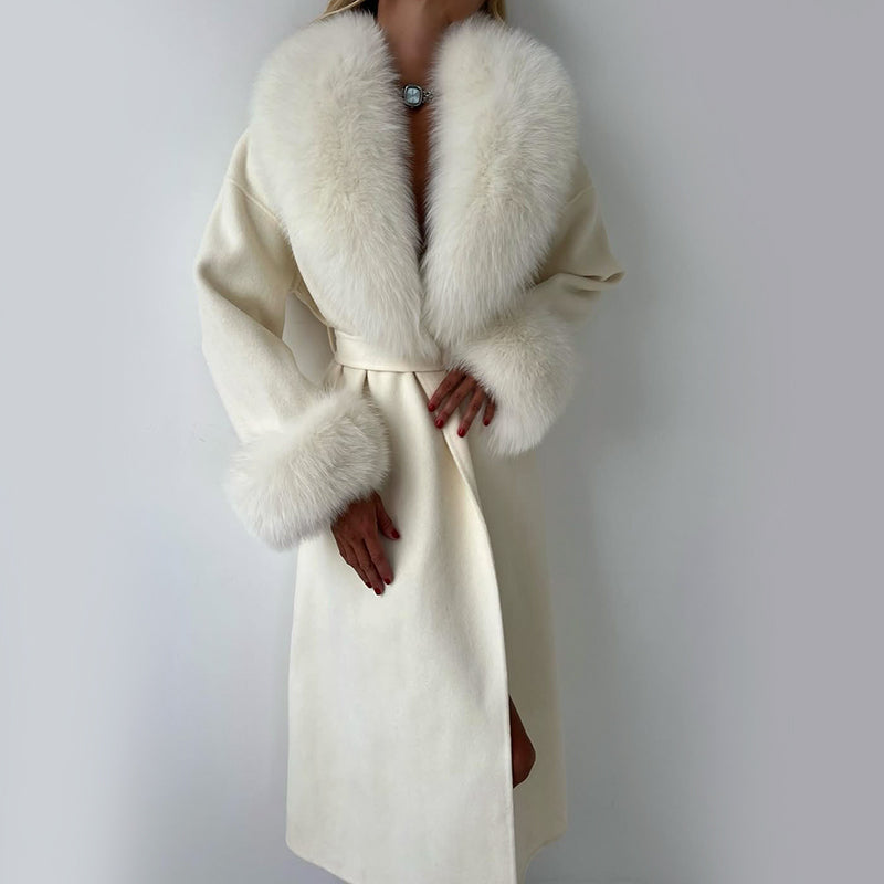 Women__ Belted Long Coat with Faux Fur Trim
