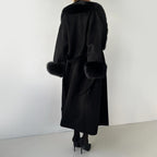 Women__ Belted Long Coat with Faux Fur Trim