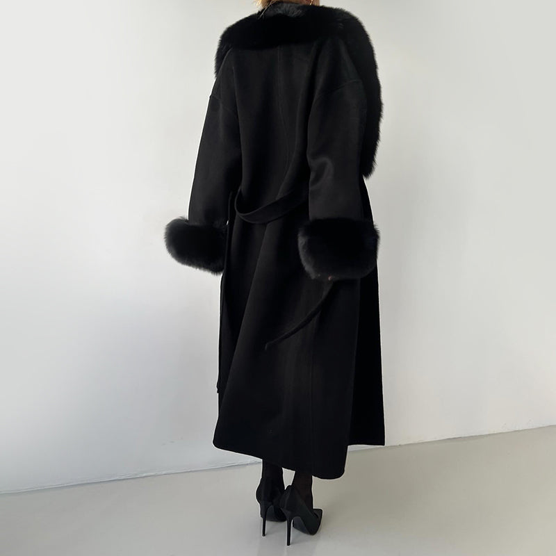 Women__ Belted Long Coat with Faux Fur Trim
