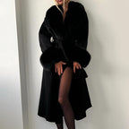 Women__ Belted Long Coat with Faux Fur Trim