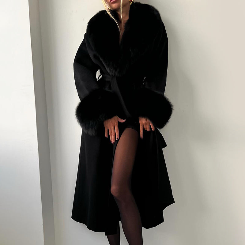 Women__ Belted Long Coat with Faux Fur Trim