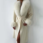 Women__ Belted Long Coat with Faux Fur Trim