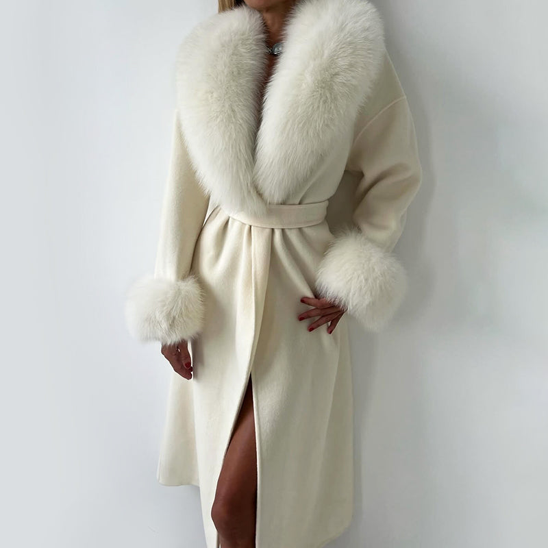 Women__ Belted Long Coat with Faux Fur Trim