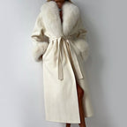 Women__ Belted Long Coat with Faux Fur Trim