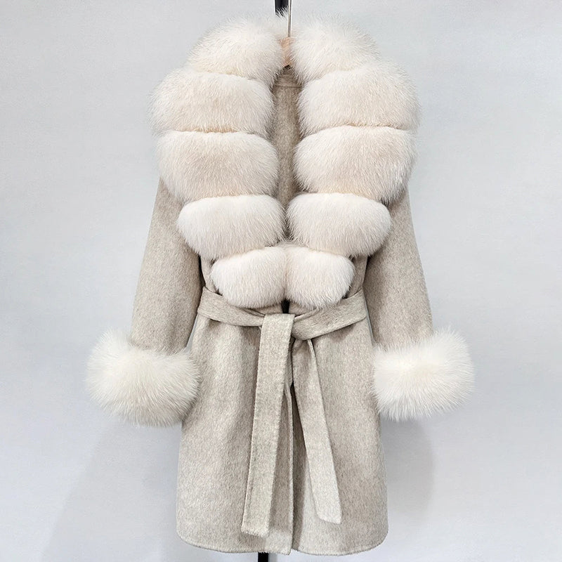 Women__ Belted Wool Coat with Genuine Fur Trim
