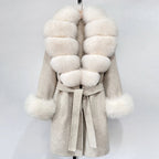 Women__ Belted Wool Coat with Genuine Fur Trim