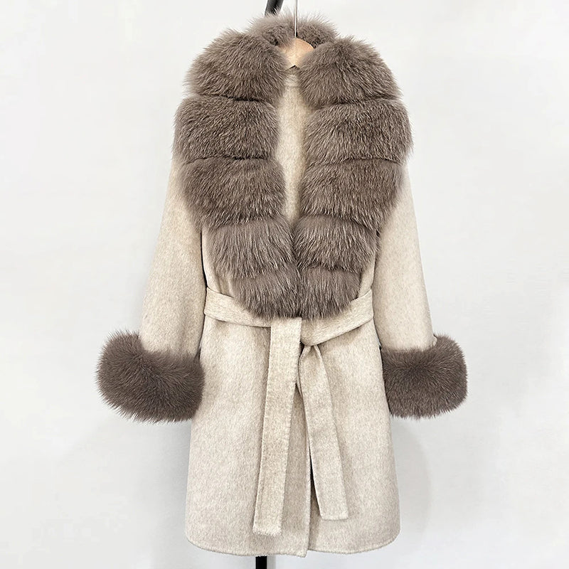 Women__ Belted Wool Coat with Genuine Fur Trim