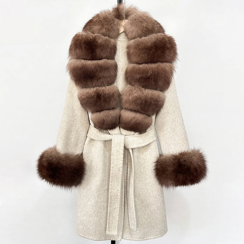 Women__ Belted Wool Coat with Genuine Fur Trim