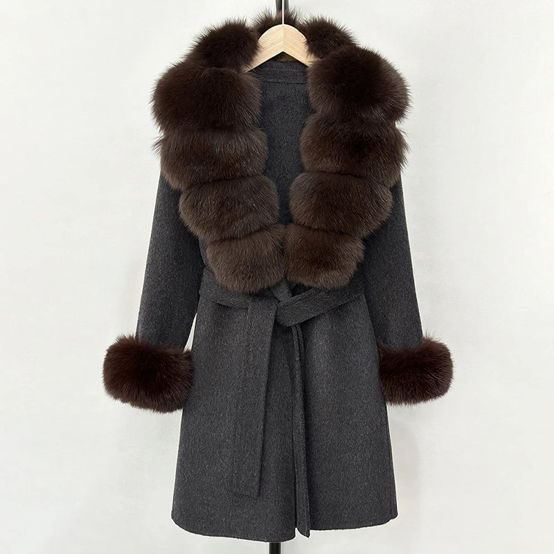 Women__ Belted Wool Coat with Genuine Fur Trim