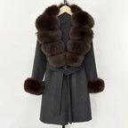 Women__ Belted Wool Coat with Genuine Fur Trim