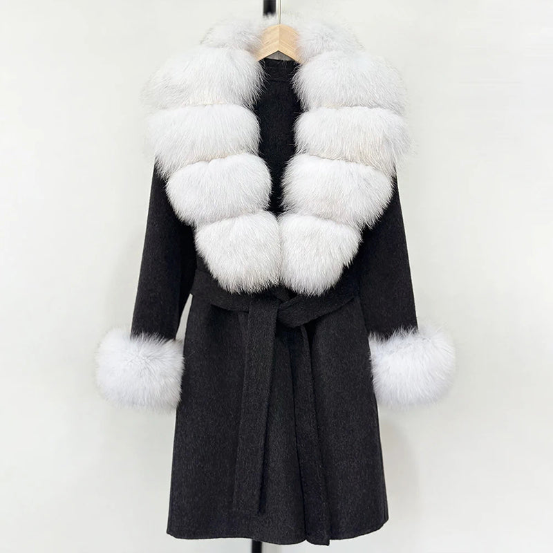 Women__ Belted Wool Coat with Genuine Fur Trim