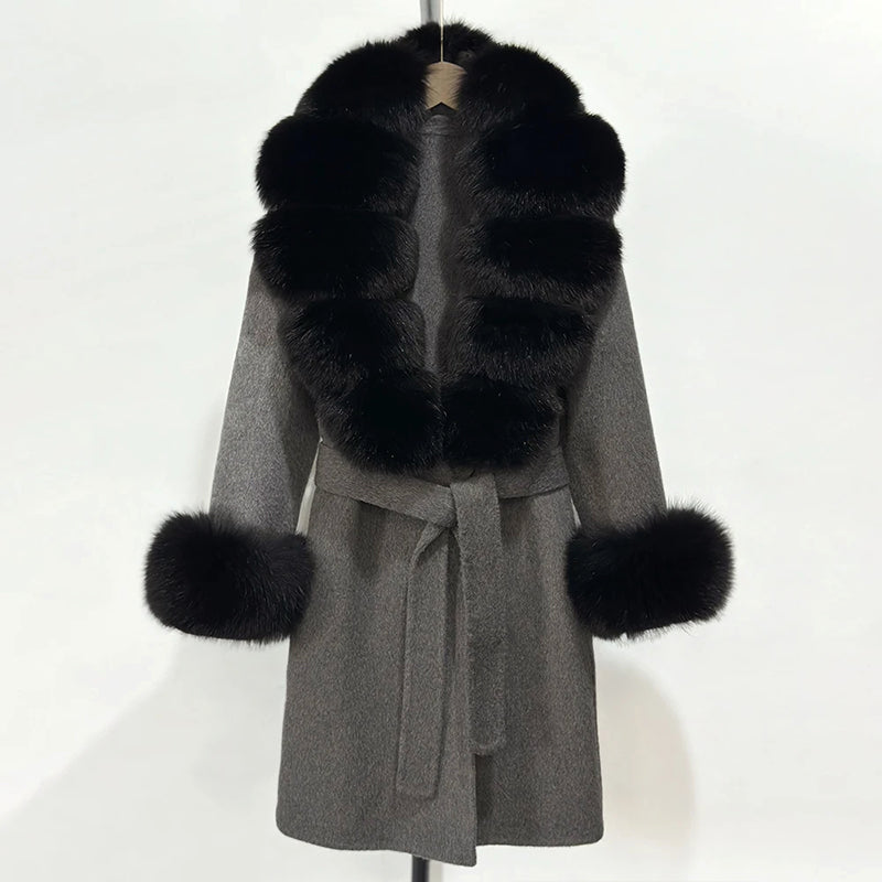 Women__ Belted Wool Coat with Genuine Fur Trim