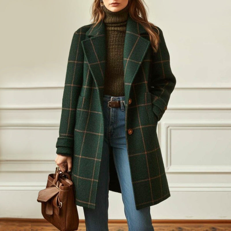 Women__ Checked Trench-Style Coat with Button Closure