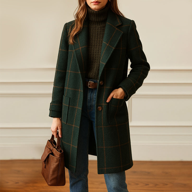 Women__ Checked Trench-Style Coat with Button Closure