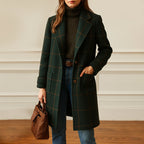Women__ Checked Trench-Style Coat with Button Closure