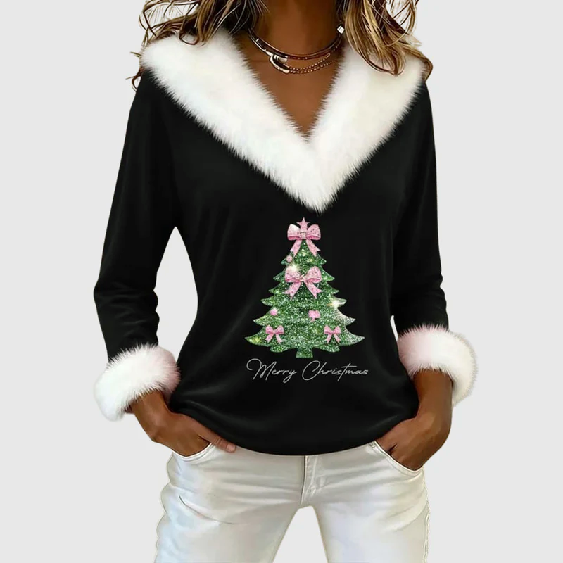 Women__ Christmas V-Neck Top with Fur Trim