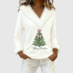 Women__ Christmas V-Neck Top with Fur Trim