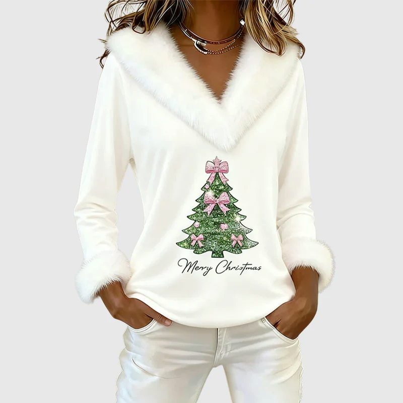 Women__ Christmas V-Neck Top with Fur Trim