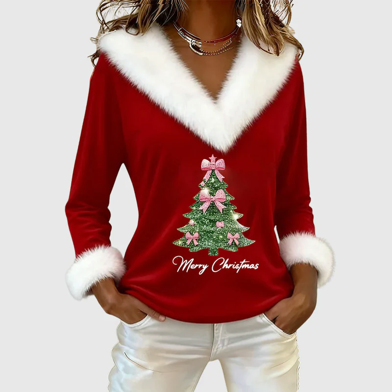 Women__ Christmas V-Neck Top with Fur Trim