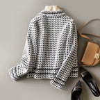 Women__ Cropped Buttoned Jacket with Houndstooth Pattern
