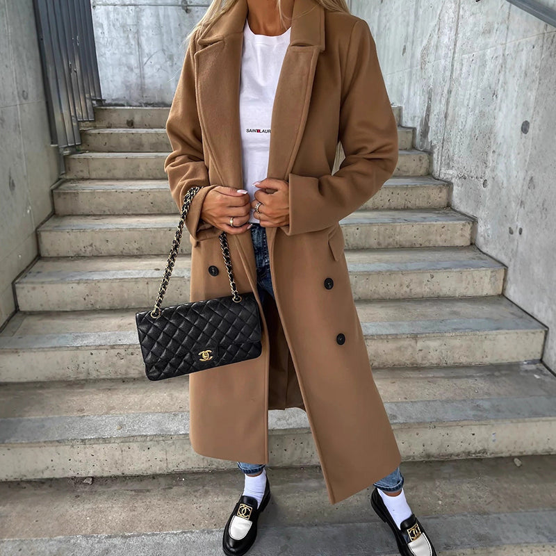 Women__ Double-Button Long Coat with Side Pockets