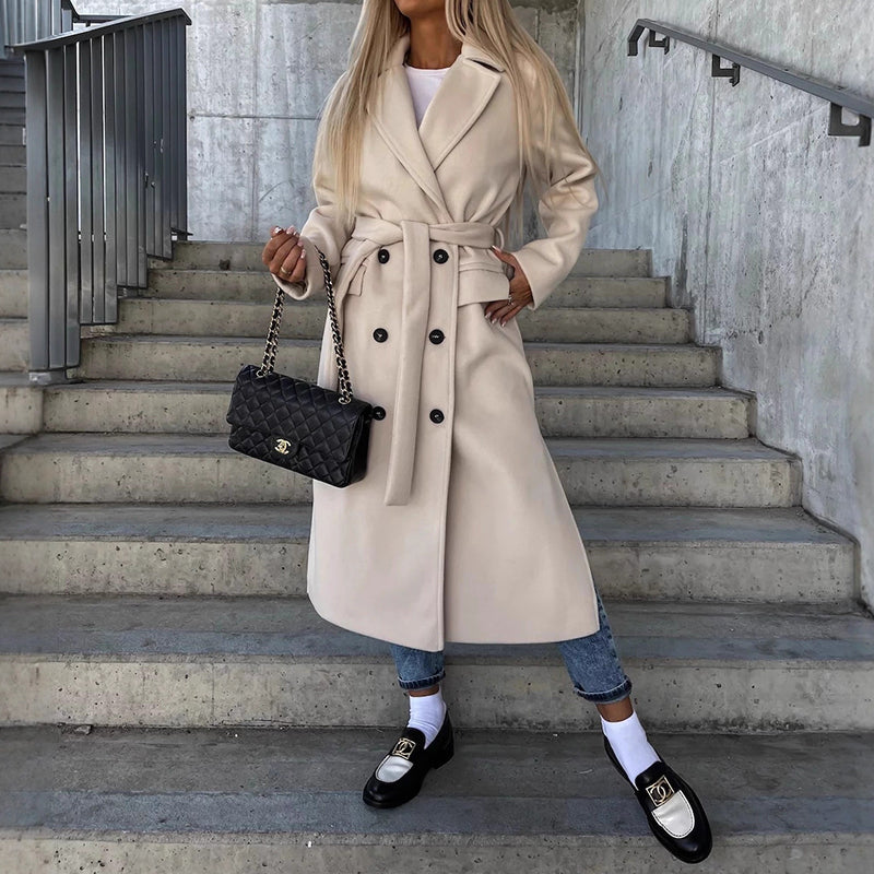 Women__ Double-Button Long Coat with Side Pockets