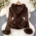 Women__ Elegant Ribbed Top with Faux Fur Trim