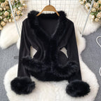 Women__ Elegant Ribbed Top with Faux Fur Trim