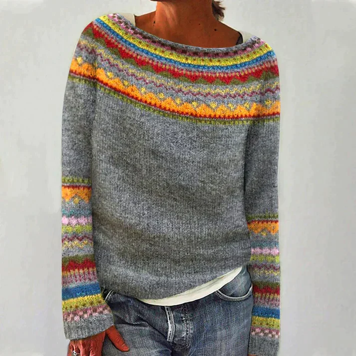 Women__ Fair Isle Knit Sweater with Round Neck