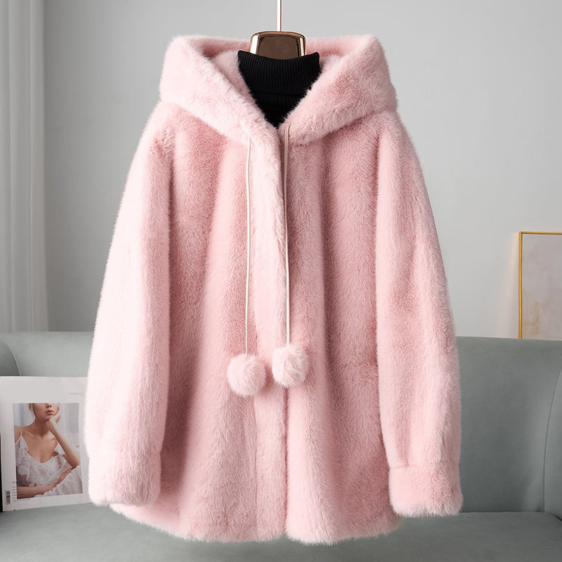 Women__ Faux Fur Hooded Coat with Pom Details