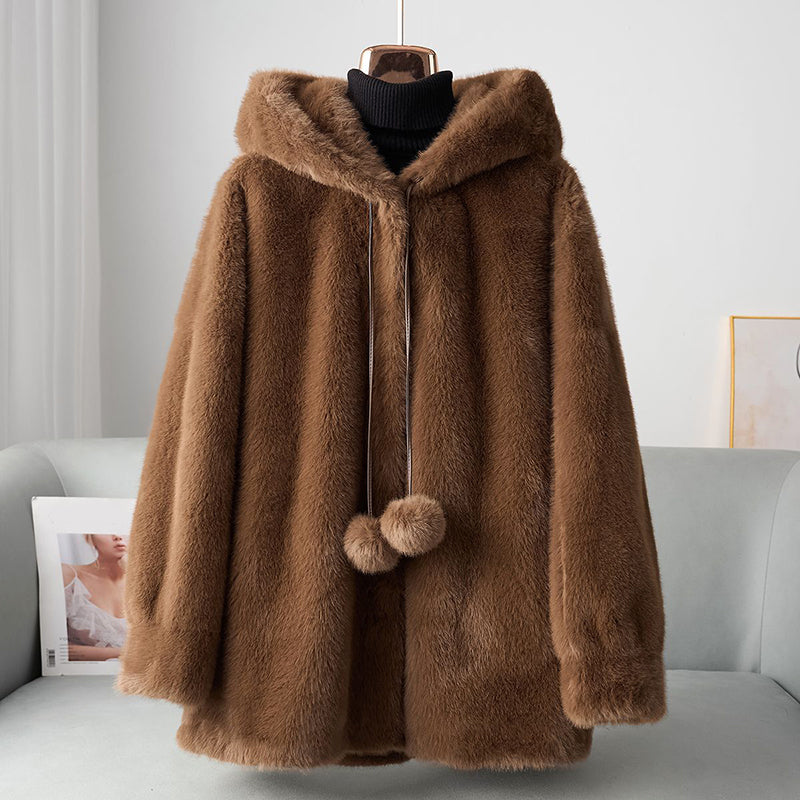 Women__ Faux Fur Hooded Coat with Pom Details