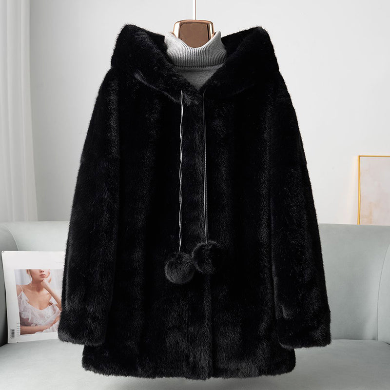 Women__ Faux Fur Hooded Coat with Pom Details