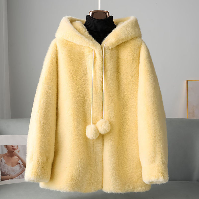 Women__ Faux Fur Hooded Coat with Pom Details