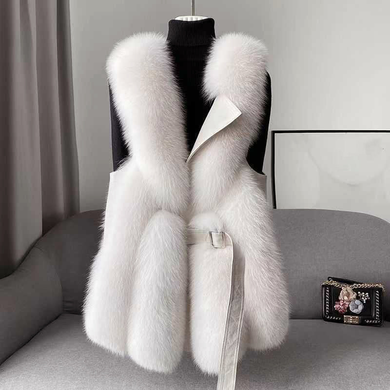 Women__ Faux Fur Vest with Belted Waist and Faux Leather Trim
