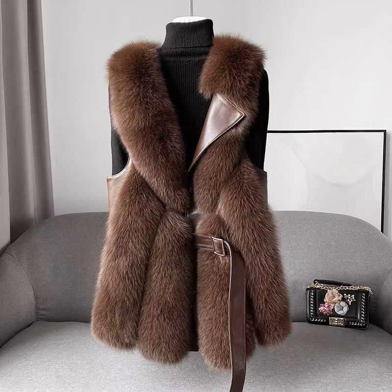 Women__ Faux Fur Vest with Belted Waist and Faux Leather Trim