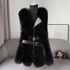 Women__ Faux Fur Vest with Belted Waist and Faux Leather Trim