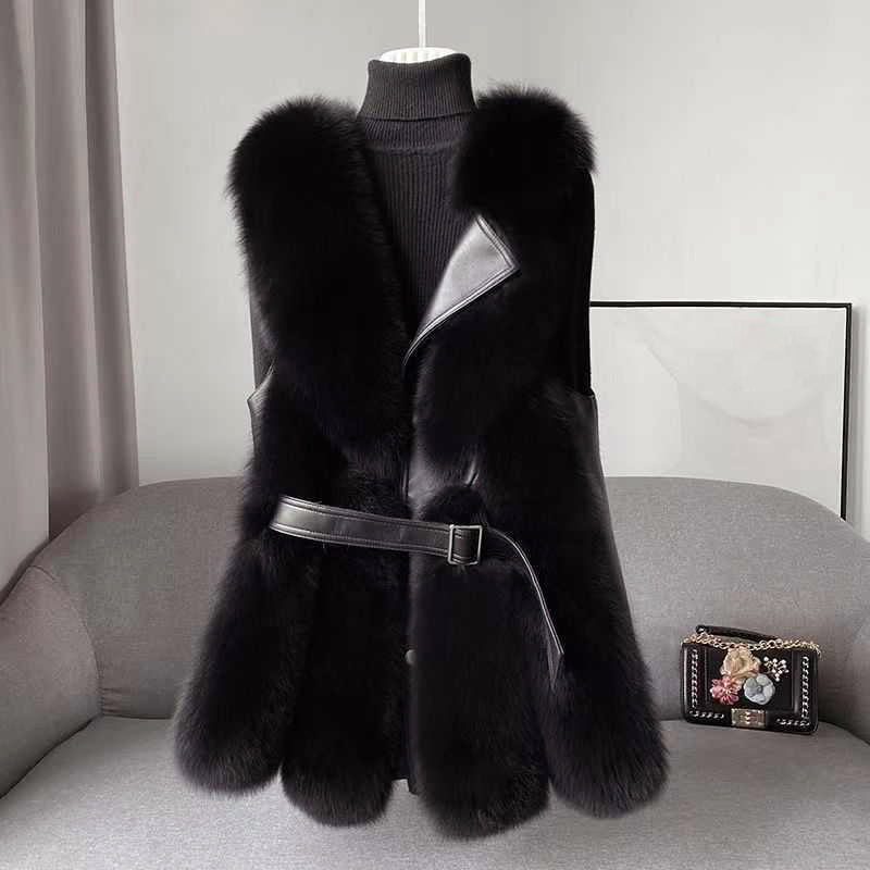 Women__ Faux Fur Vest with Belted Waist and Faux Leather Trim