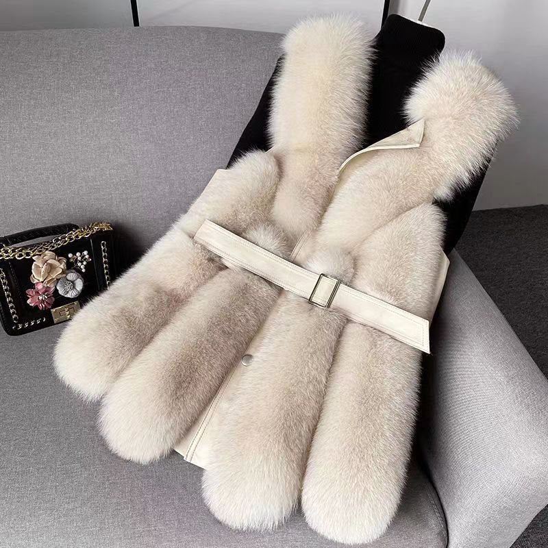 Women__ Faux Fur Vest with Belted Waist and Faux Leather Trim