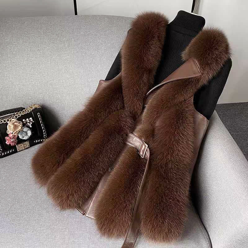 Women__ Faux Fur Vest with Belted Waist and Faux Leather Trim