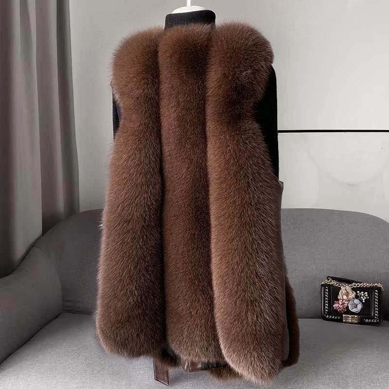 Women__ Faux Fur Vest with Belted Waist and Faux Leather Trim
