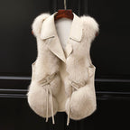 Women__ Faux Fur Vest with Lapel Collar and Waist Tie