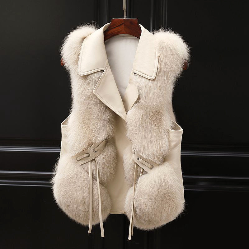 Women__ Faux Fur Vest with Lapel Collar and Waist Tie