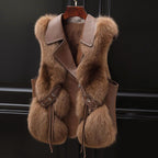 Women__ Faux Fur Vest with Lapel Collar and Waist Tie