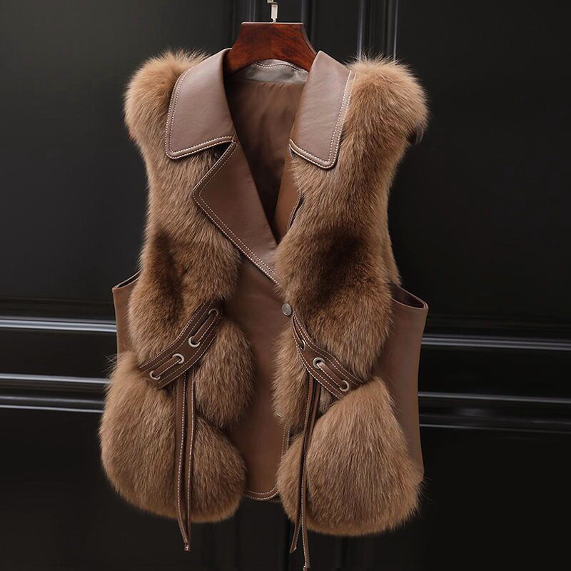 Women__ Faux Fur Vest with Lapel Collar and Waist Tie